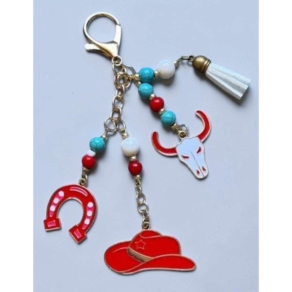 Western Cowboy Hat Longhorn Horseshoe Keychain Bag Charm Red Turquoise Gold Tone
